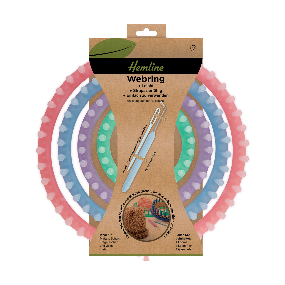 Webring mit 4 Looms, 1 Loom Pick, 1 Garnnadel